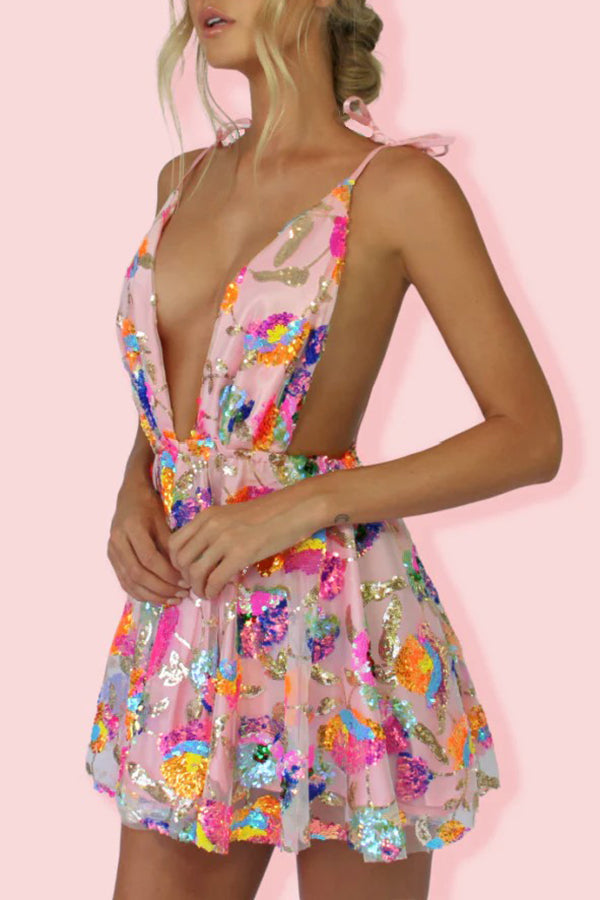 V Neck Open Back Sequined Floral Tie A Line Mini Dress