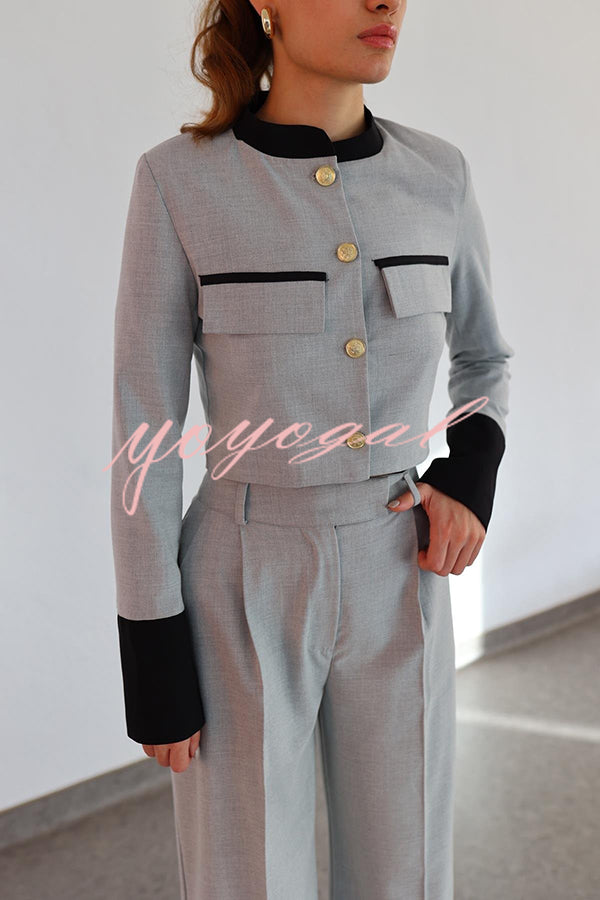 Stylish Contrasting Cropped Long Sleeve Top and Pocket Straight Leg Pants Set