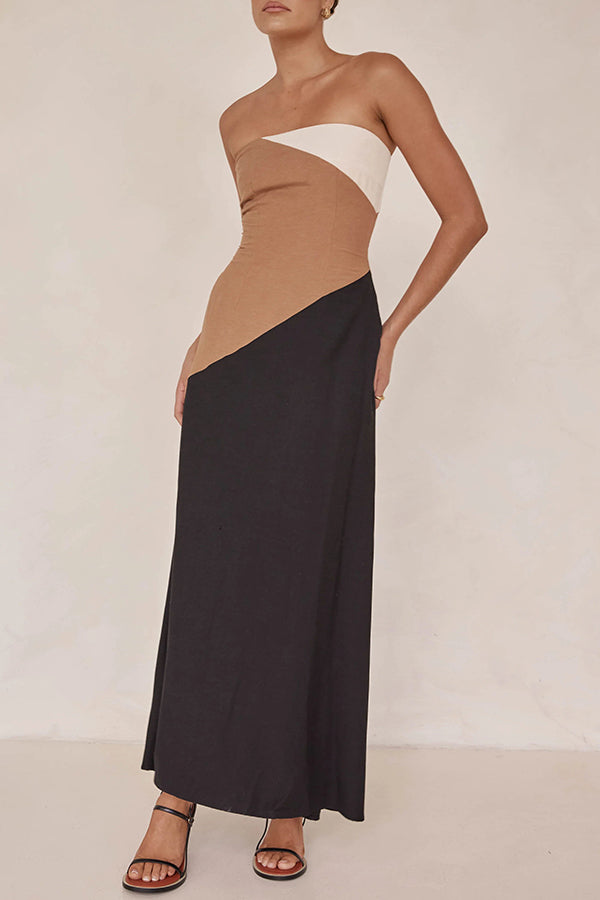 Calissa Asymmetrical Colour Block Strapless Pocketed A-line Maxi Dress