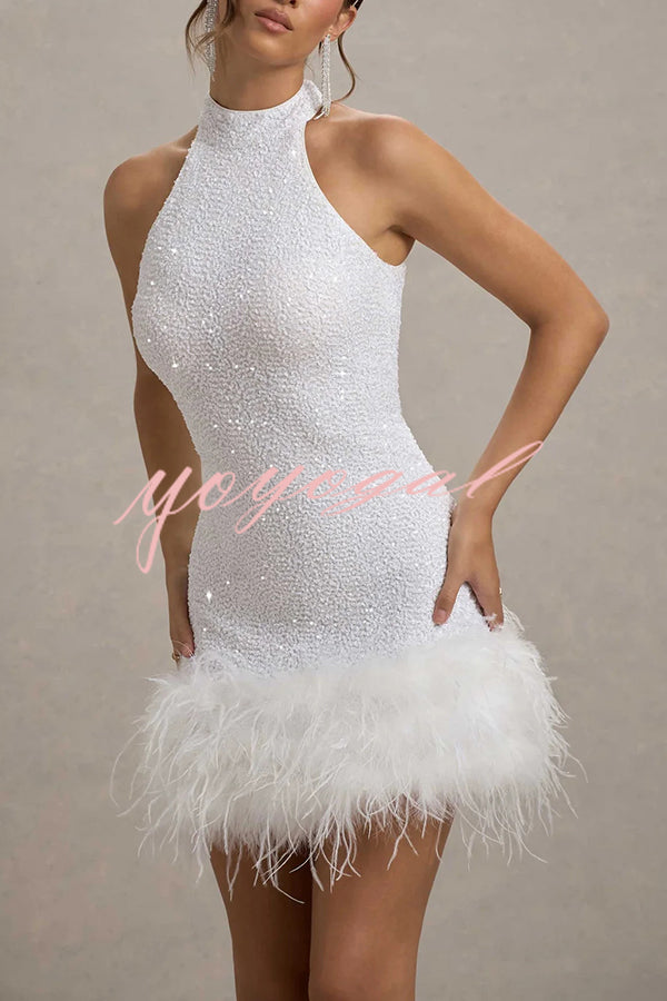 Dazzling and Playful Sequin High Neck Feather Trim Stretch Mini Dress