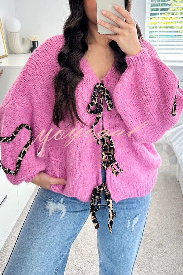 Fashionable Loose Long-sleeved Leopard Print Lace-up Knitted Sweater Cardigan