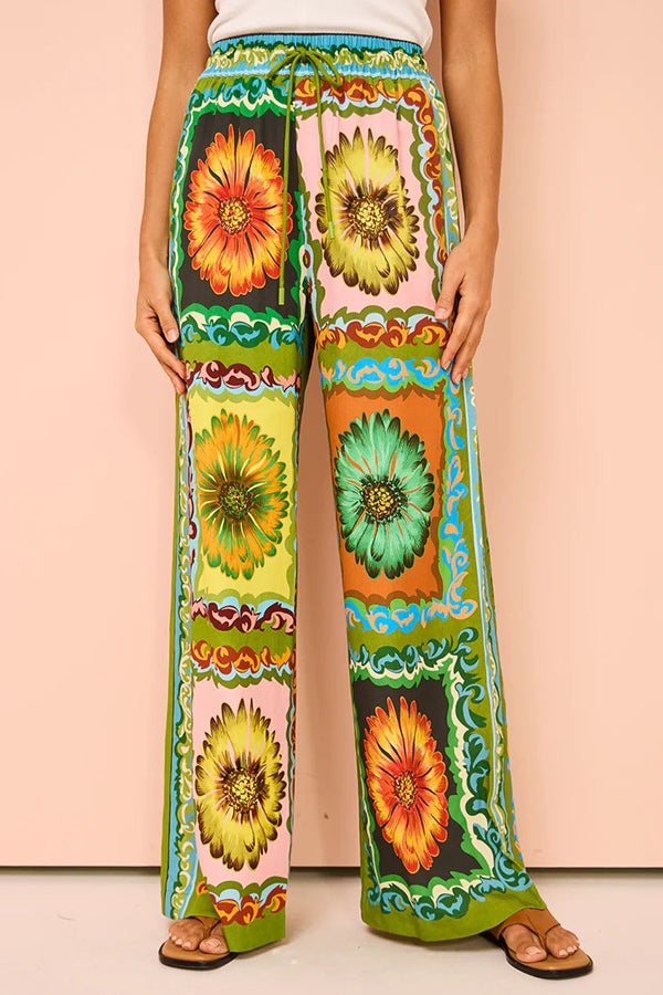 Disco Daisy Unique Print Colorblock Elastic Waist Pocketed Wide Leg Pants