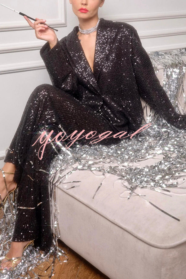 Solid Color Sequin Long Sleeve Party Blazer