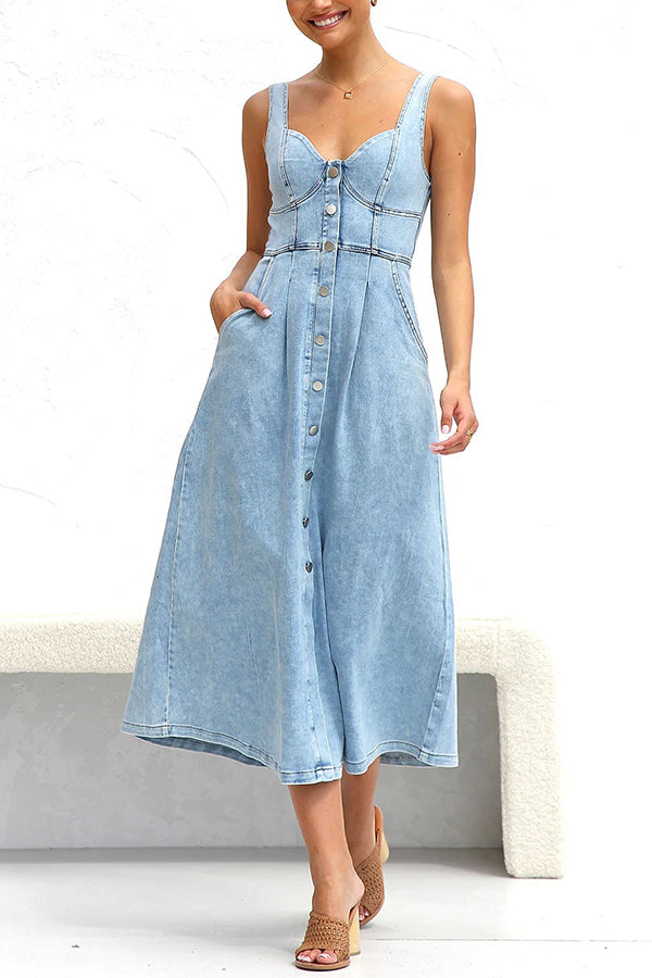 Spring Fling Washed Denim Button Pocket Back Smocked Midi Dress