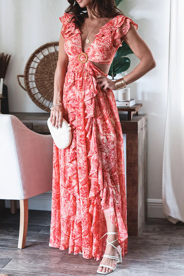 Boldest Bloom Floral Printed Ruffle Sleeve Cutout Maxi Dress