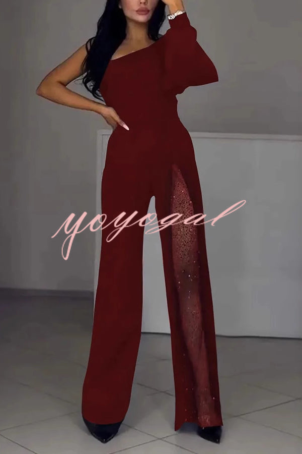 Fashionable Oblique Shoulder One-sleeve Sexy High Slit Slim Jumpsuit