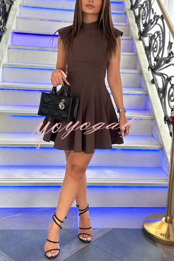 Solid Color Round Neck Sleeveless Waist Mini Dress