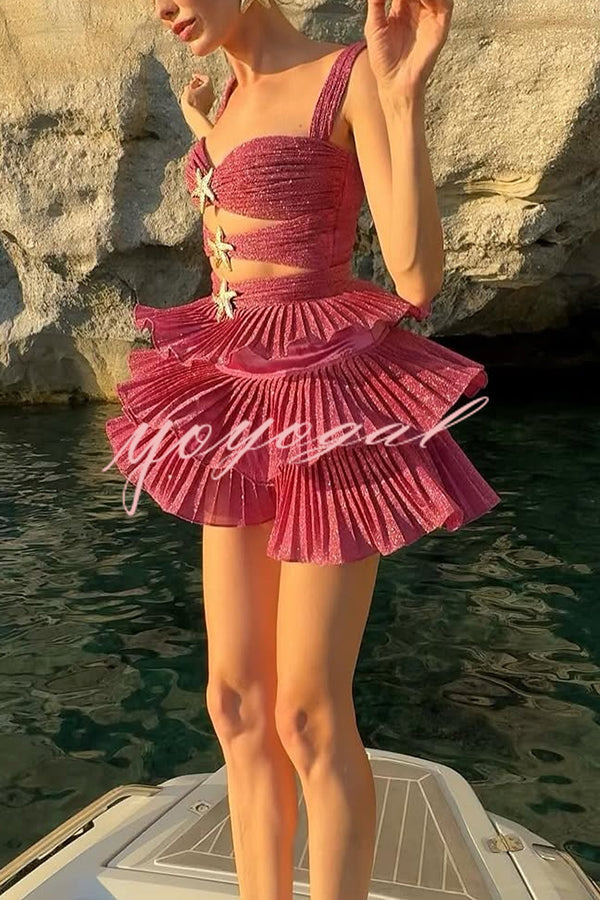 Little Mermaid Glitter Fabric Metal Starfish Hollow Layered Stretch One-piece Swimsuit