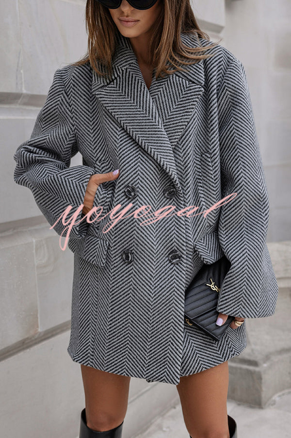 Fashion Stripe Print Lapel Pocket Coat