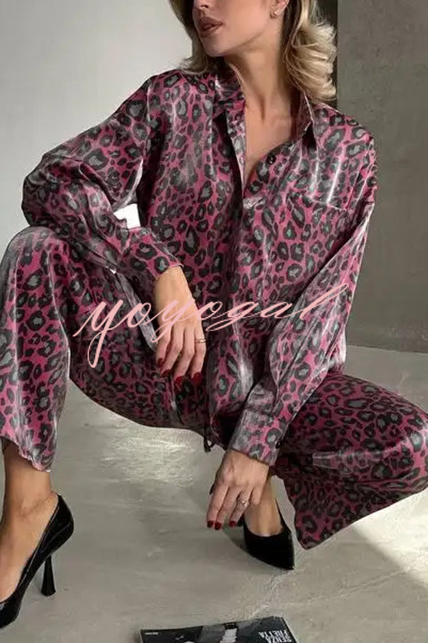 Leopard Print Long-sleeved Casual Top and Loose Elastic Waist Tie Pants Set