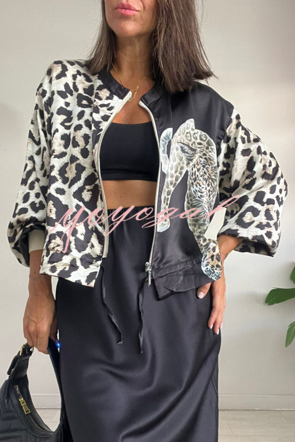 Shiloh Leopard Unique Print Zipper Drawstring Hem Bomber Jacket