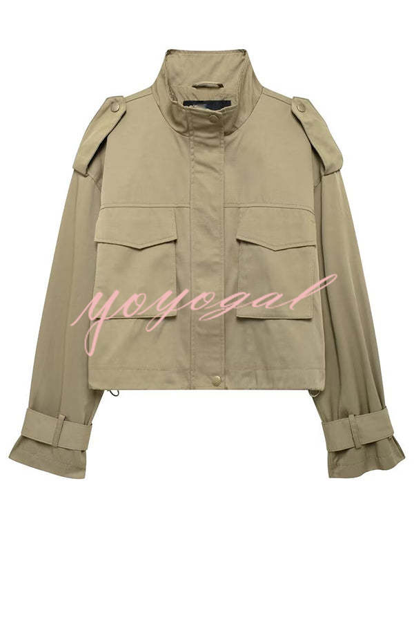 Classic Charm Strap Details Pocketed Cargo Style Zipper Loose Jacket