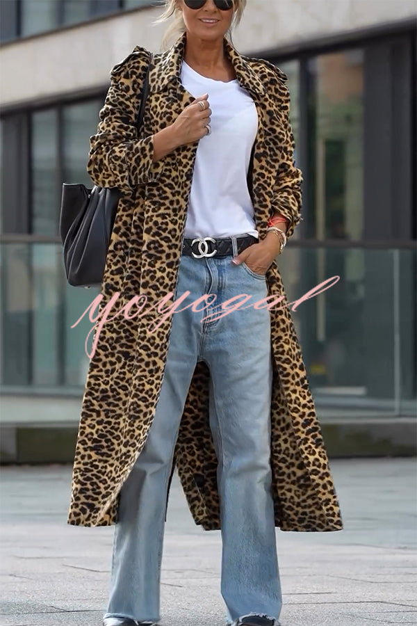 Be Free Velvet Leopard Print Long Sleeve Loose Midi Trench Coat