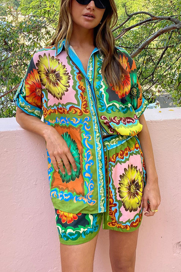 Disco Daisy Unique Print Colorblock Button Down Oversized Blouse