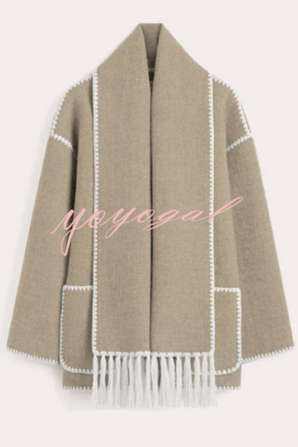 Stylish Loose Pocket Long Sleeve Coat and Warm Fringed Scarf