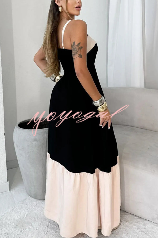 Fashionable Contrast Color Stitching Sling Maxi Dress