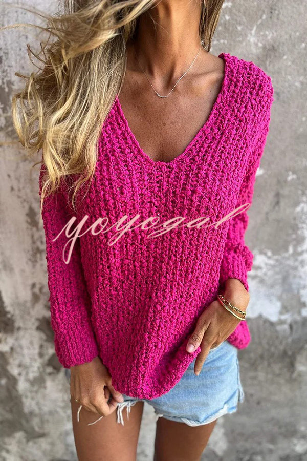 Solid Color V-neck Long-sleeved Loose Knitted Sweater