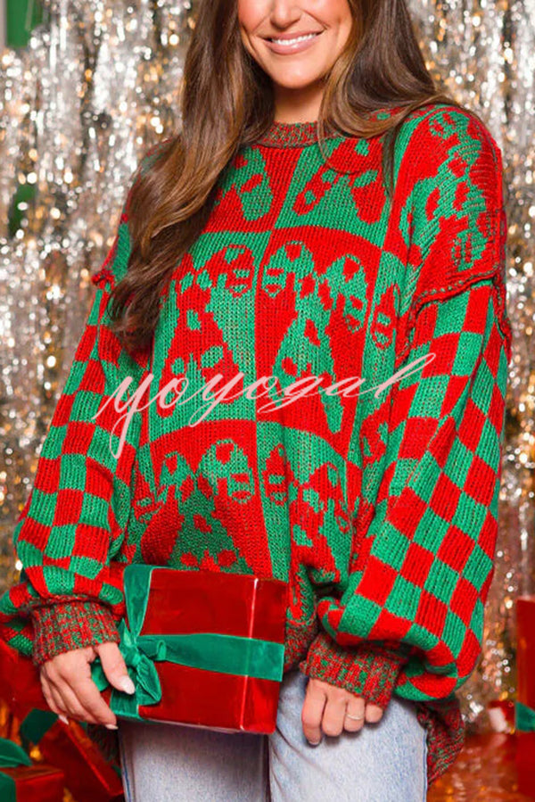 Christmas Candy Plaid Round Neck Long Sleeve Loose Knit Sweater