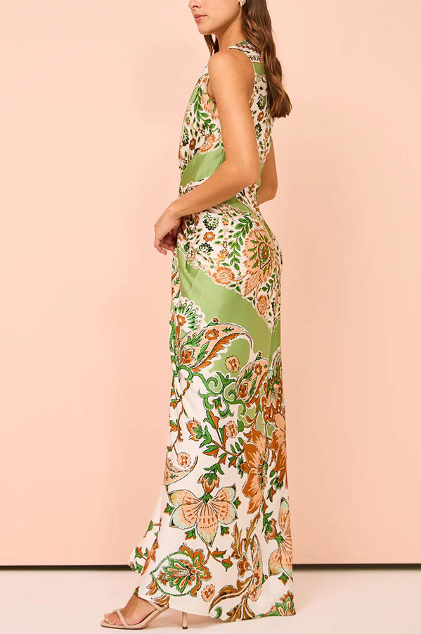 Gaia Satin Unique Paisley Print Central Twist Knot Detail Slit Maxi Dress