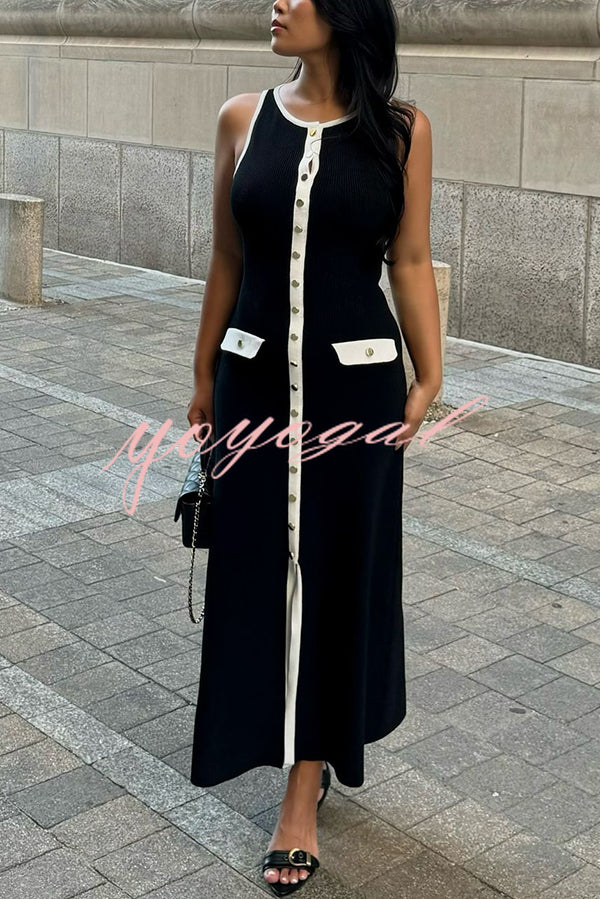 Elegant Slim Fit Crew Neck Buttoned Sleeveless Knit Midi Dress