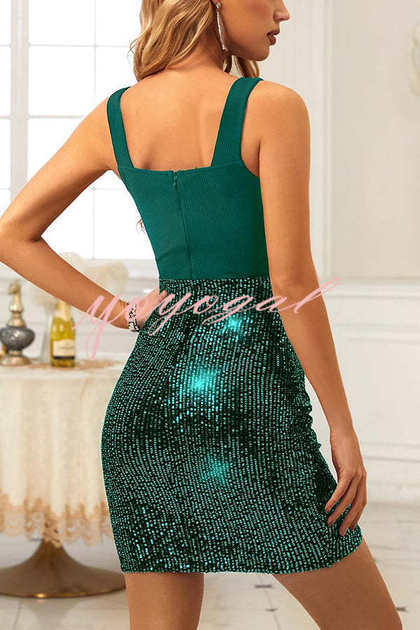 Fashion Sleeveless Suspender Spliced Sequined Slim Mini Dress