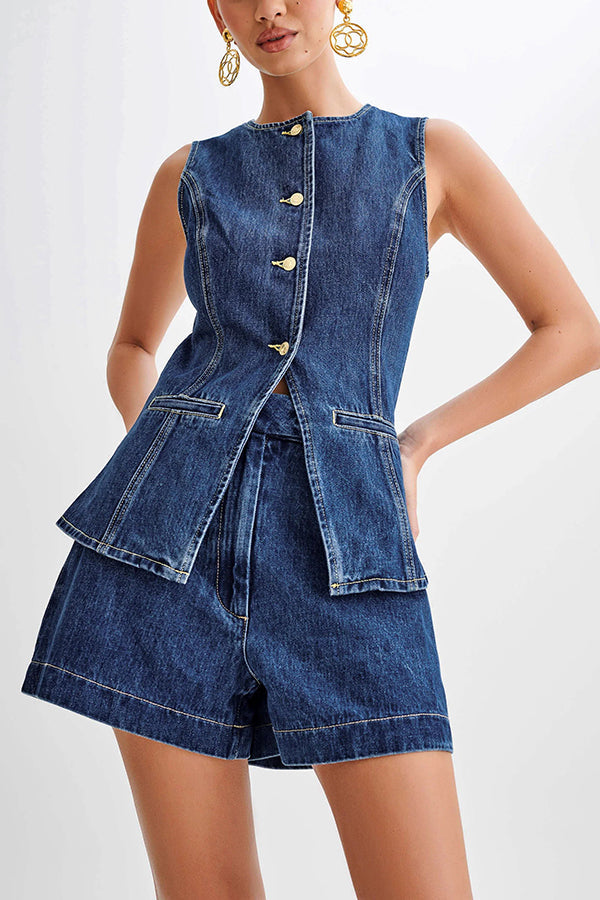 Abel Denim Button Up Princess Seams Pocket Vest Top