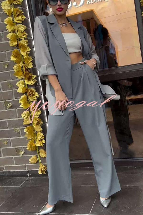 Chic and Elegant Chiffon Patchwork Irregular Lace-up Jacket and Pocketed Straight-leg Pants Set