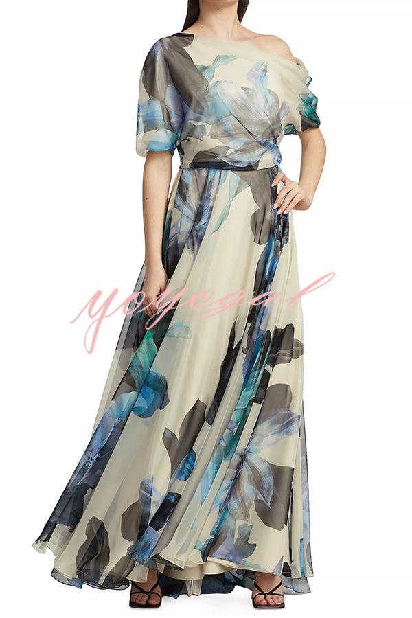 Unique Printed Bohemian Short-sleeved One-shoulder Maxi Dress