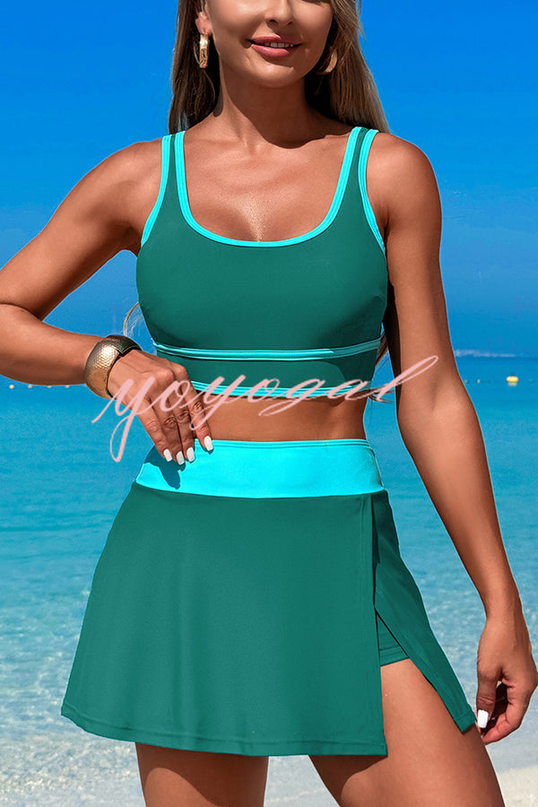 Fashion Contrast Color Stretch Sports Two-piece Bikini Swimsuit