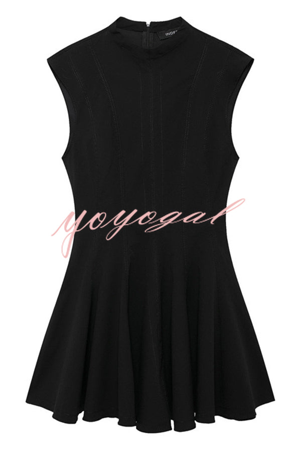 Solid Color Round Neck Sleeveless Waist Mini Dress