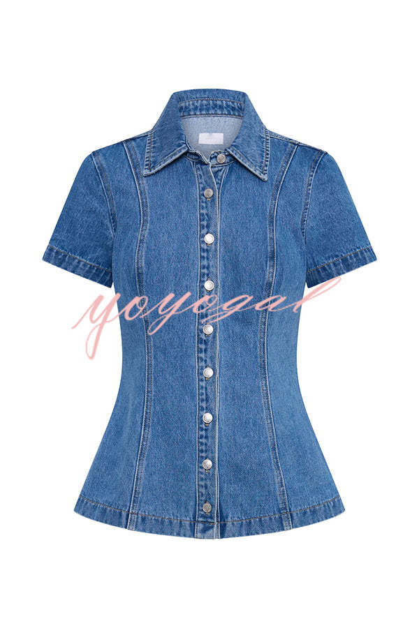 Modern Flavor Denim Short Sleeve Button Up Princess Seams Stretch Top