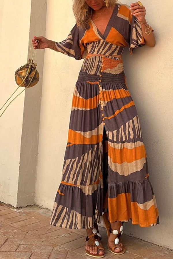 Raya Colorblock Print Bell Sleeve Crop Top and Smocked Waist Button Maxi Skirt Set