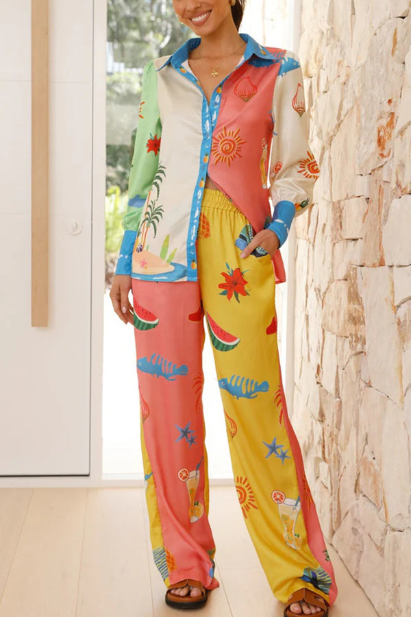 Unique Printed Long Sleeved Loose Shirt and Elastic Waist Pocket Pants Set