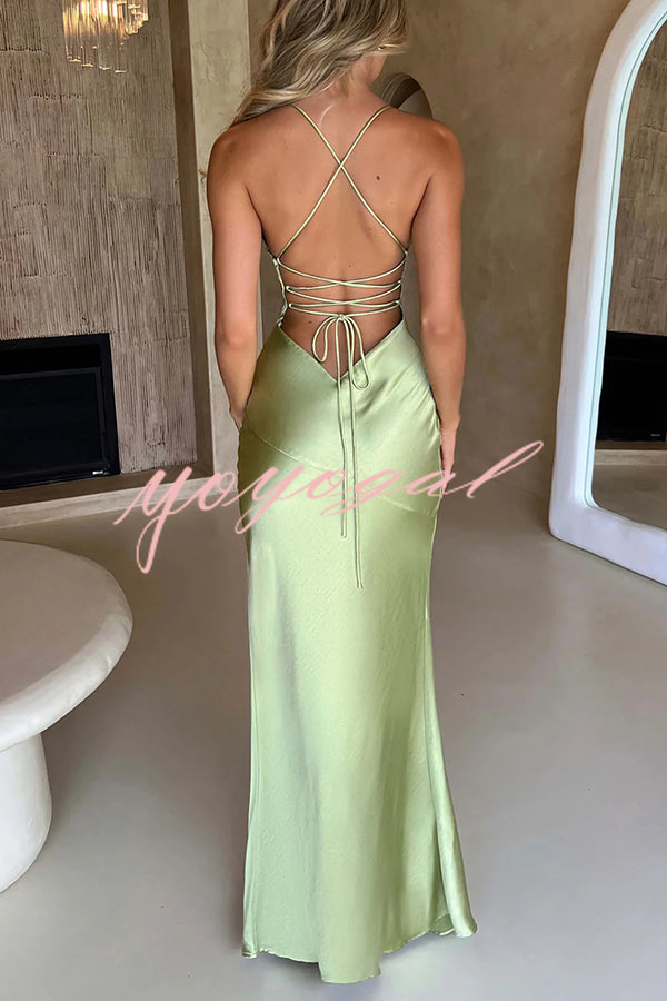 Satin Solid Color Sexy Backless Lace Up High Slit Maxi Dress