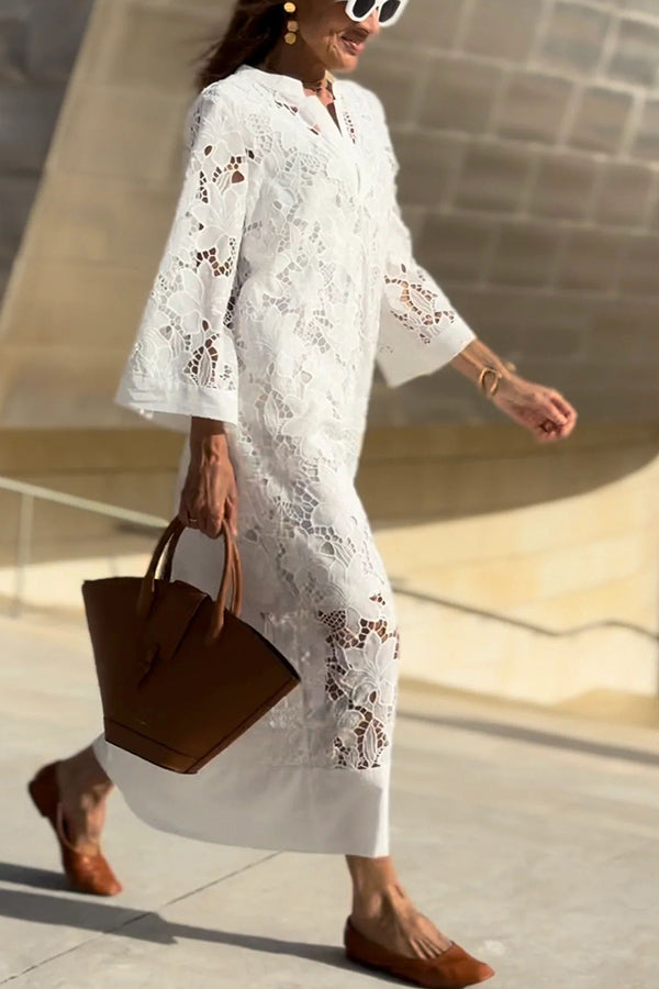 Confidence and Adventure Flower Lace V-neck Bell Sleeve Loose Midi Dress