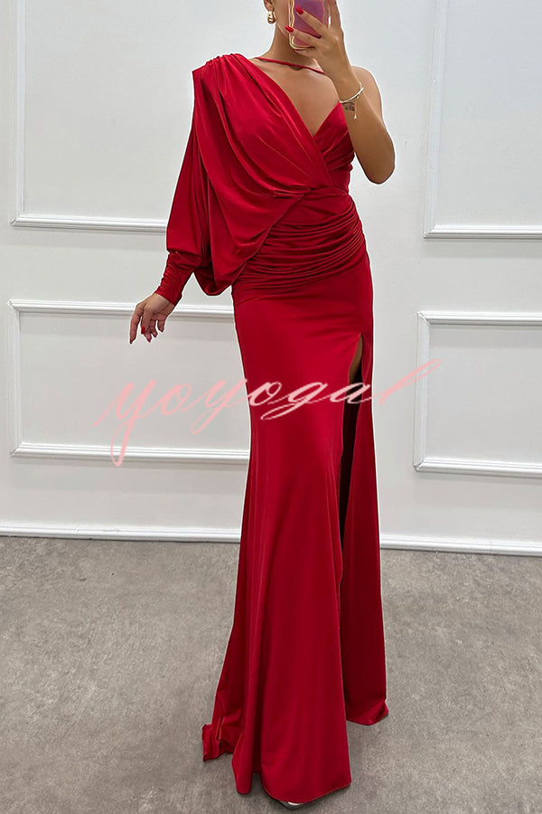 Like Venus One Shoulder Bat Sleeve Ruched Detail Slit Gown Maxi Dress