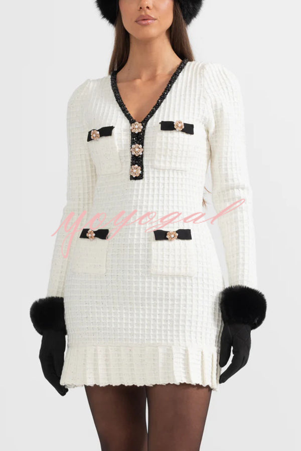 Stylish Waffle Contrast V-neck Ruffled Knitted Mini Dress