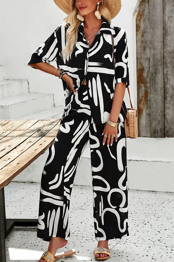 Irregular Printed Button Pocket Long Sleeved Shirt and Elastic Waist Pants Set