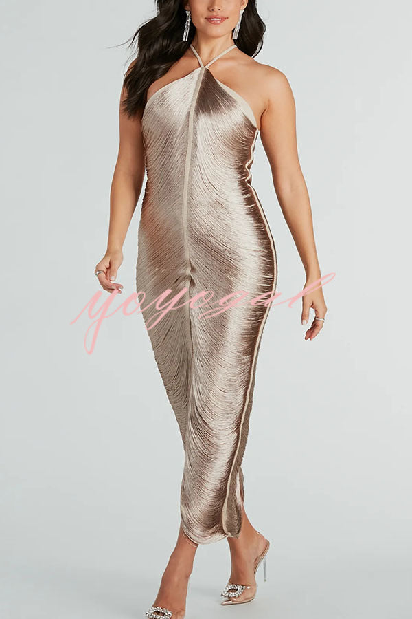 Sexy Allnight Metallic Halterneck Backless Fringed Slit Maxi Dress