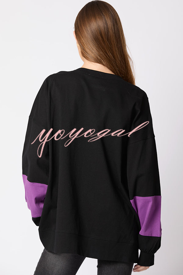 Halloween Letter Sequined Color Block Loose Casual Sweatshirt