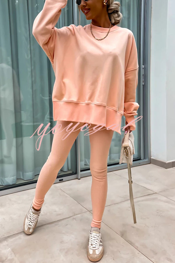 Solid Color Loose Long Sleeve SlitSweatshirt and Elastic Waist Tight Pants Set