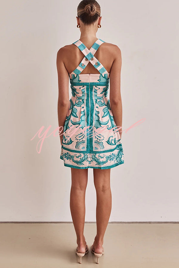 Channeling Summer Linen Blend Unique Print Wide Strap Pocketed Mini Dress