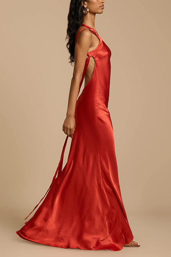 Moonlit Soiree Satin Asymmetrical One Shoulder Backless Strap Maxi Dress