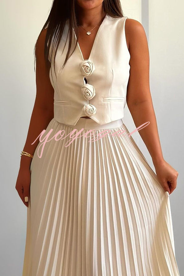 Stylish Rosette Sleeveless Tank Top and Pleated Maxi Skirt Set