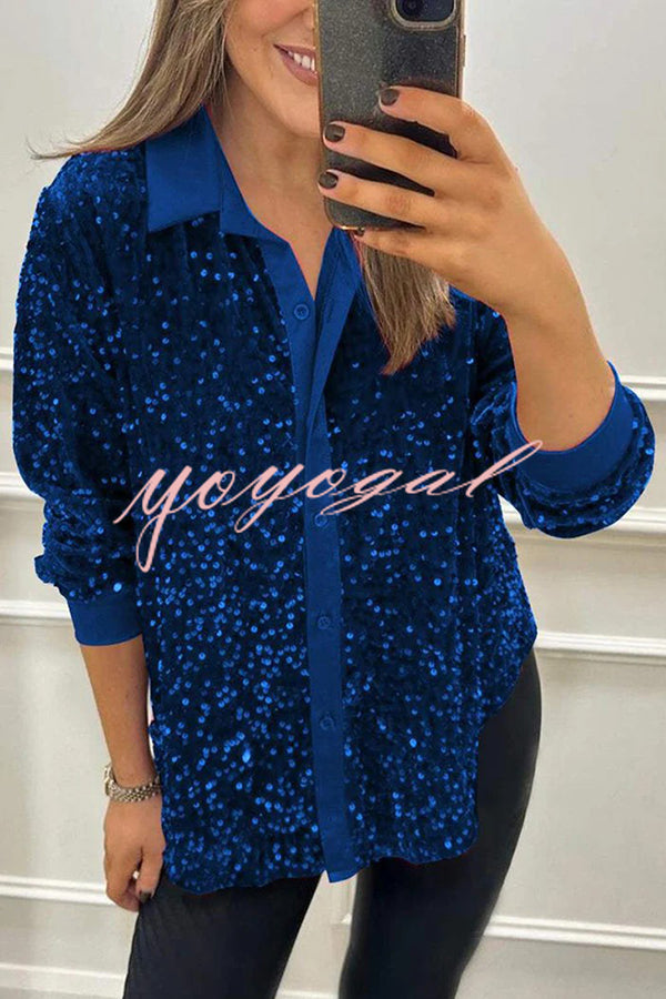 Fashion Velvet Sequined Loose Casual Long-sleeved Shirt