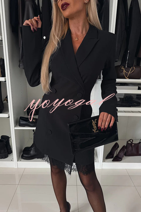 Confidence Style Button Up Lapel Lace Trim Blazer Mini Dress