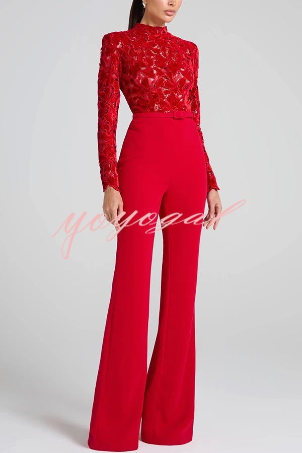 Eleanor Embroidered Floral Lace Long Sleeve Patchwork Belt Flare Jumpsuit