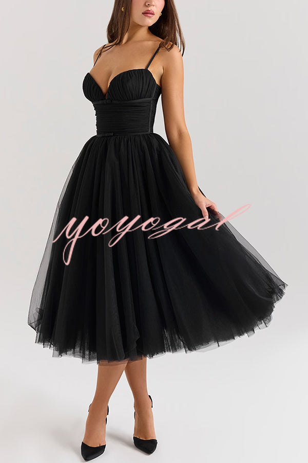 Royal Treatment Tulle Bows Detail Ruched Slip Midi Dress