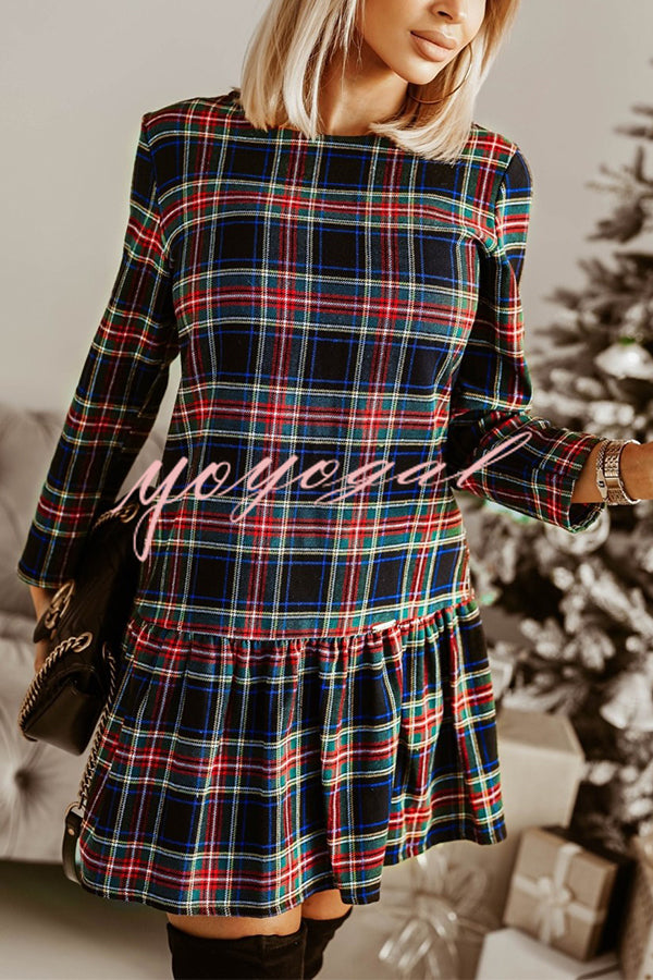 Fashionable Plaid Print Long Sleeve Round Neck Slim Fit Mini Dress