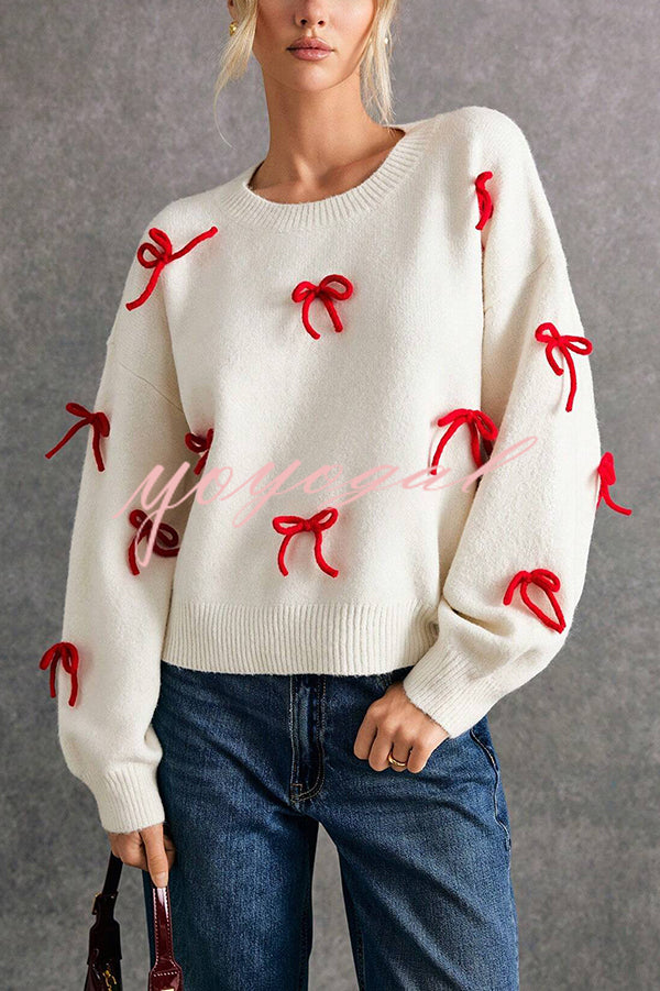 Christmas Bow Round Neck Loose Long Sleeve Knitted Sweater